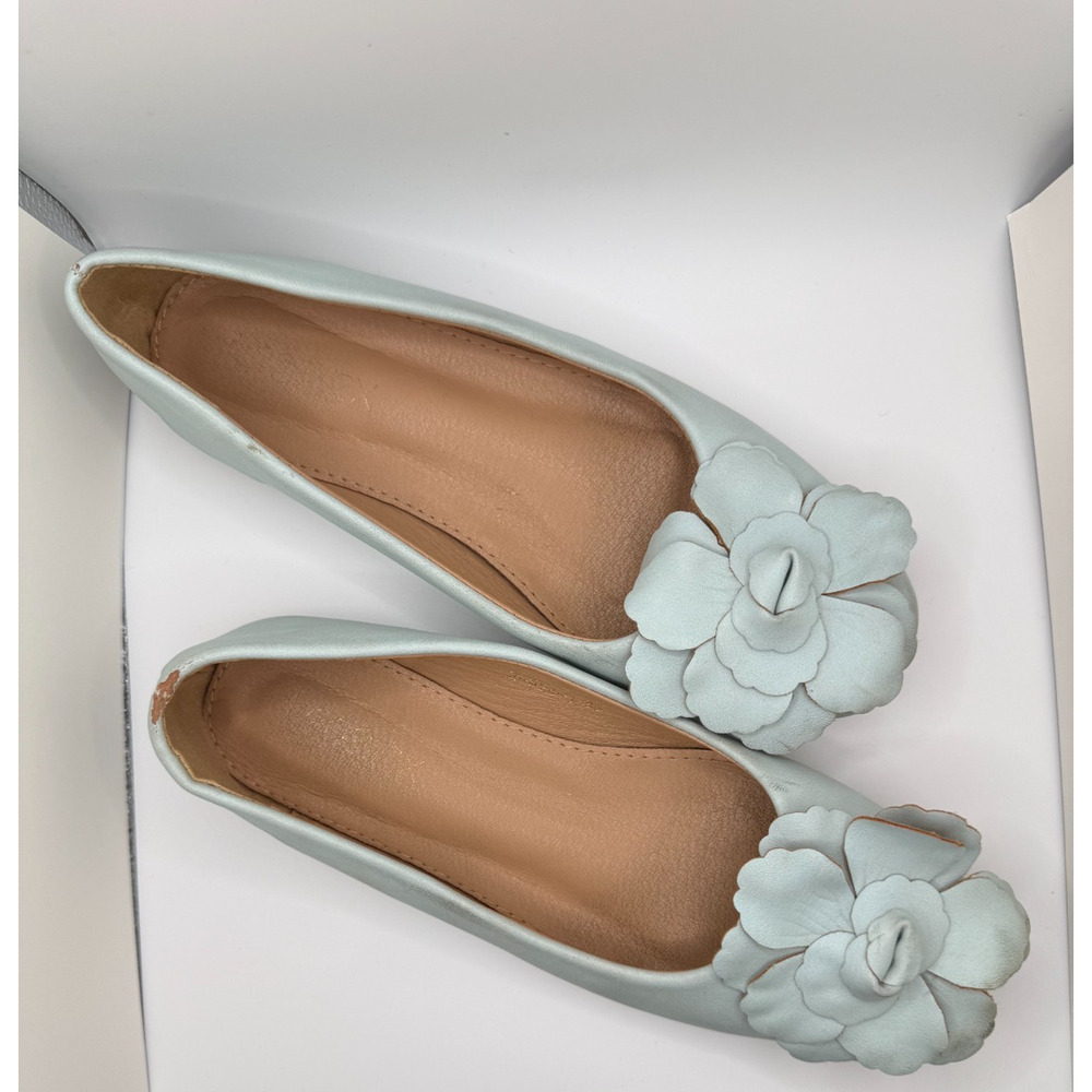 Light Blue Leather Ballet Flats Flower Camellia Applique Slip On Shoes Size 5 - Picture 3 of 4